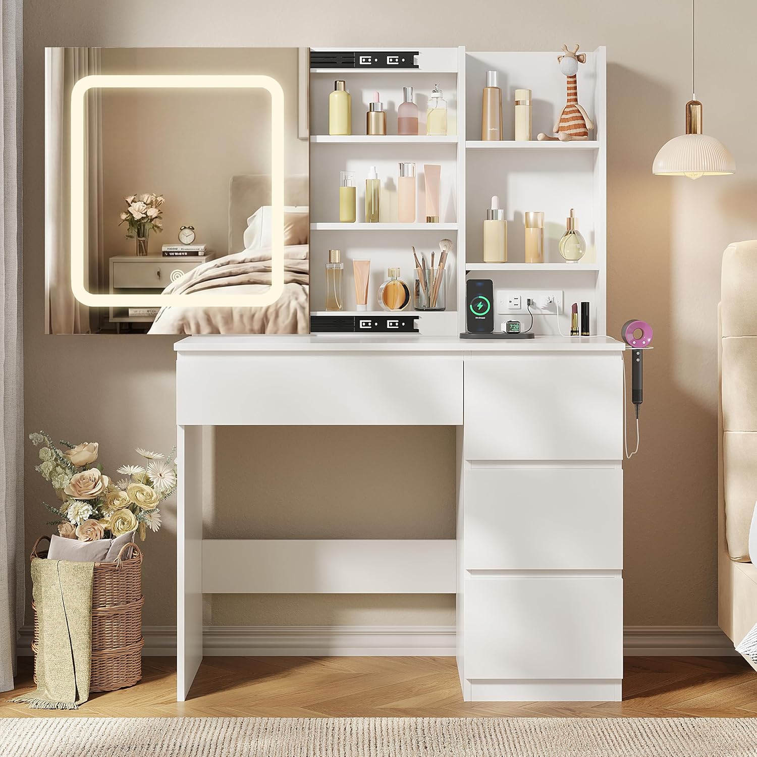 Desk Setup Charging Station - Make Up Vanity Desk with Charging