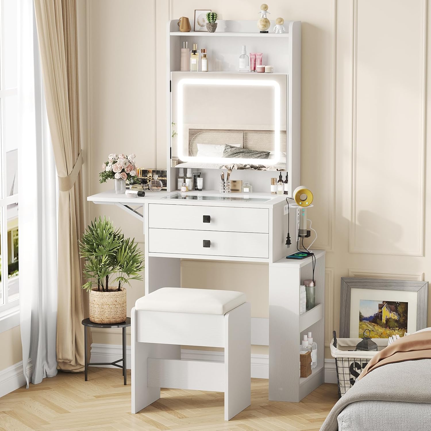 Desk Setup Charging Station - Small Makeup Vanity Desk with Three