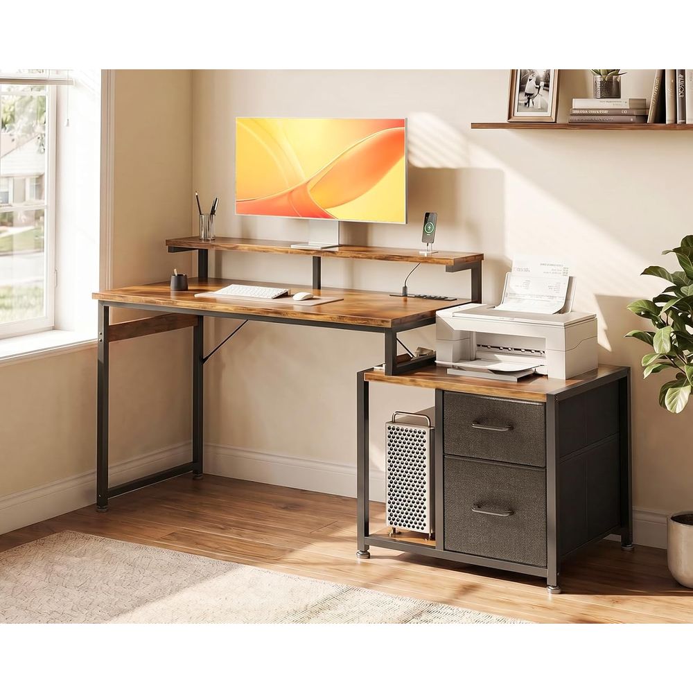 Desk Setup Brown - 56 Rustic Brown Desk with Printer