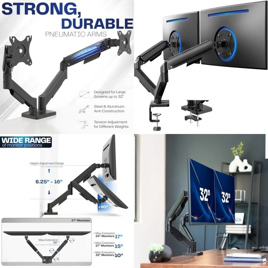 Desk Setup With Monitor Arm - Dual Monitor Stand, Fully Adjustable Arms