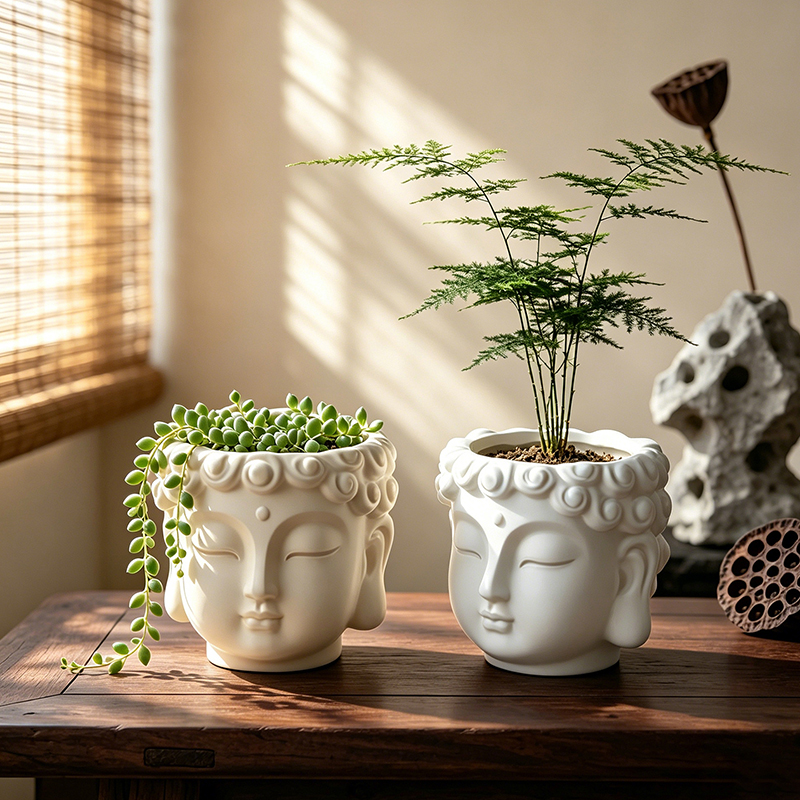 Desk Setup Plant - Buddha Head Shaped Resin Planter Pot