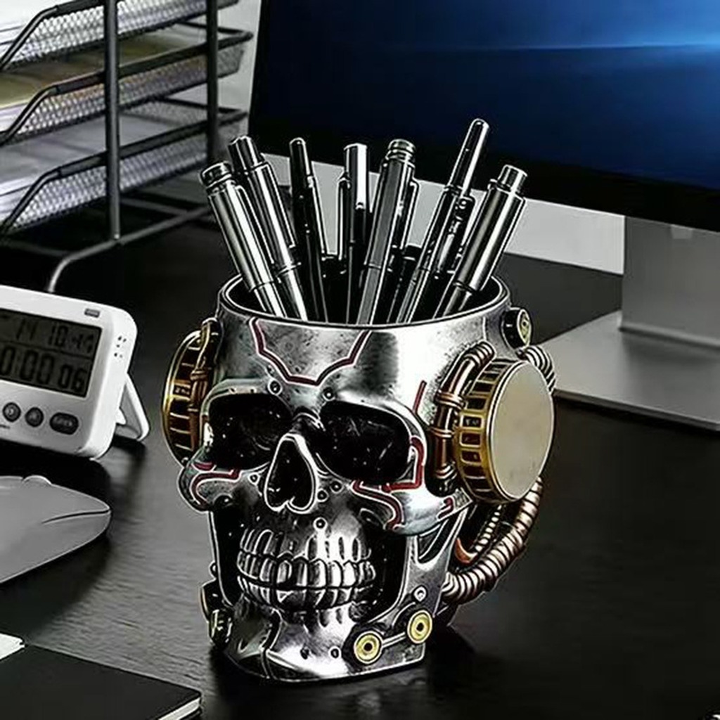 Desk Setup Aesthetic - Cyberpunk Mechanical Skull Pen Holder, Multifunctional