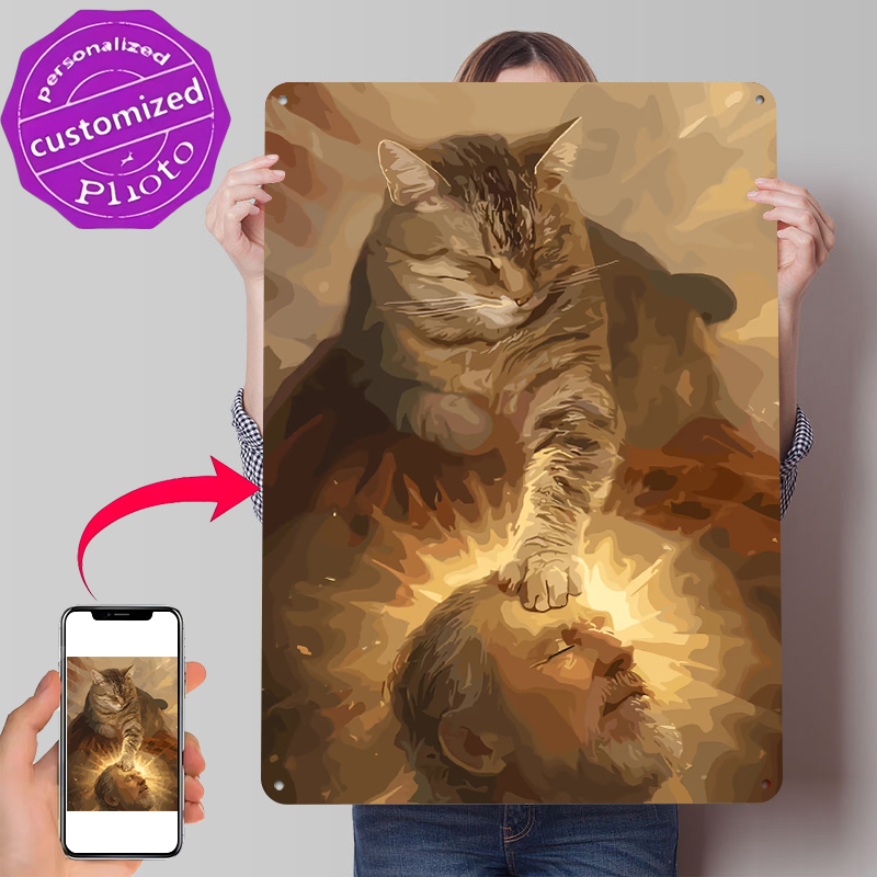 Desk Room Setup - Cat Blessing a Man Tinplate Poster