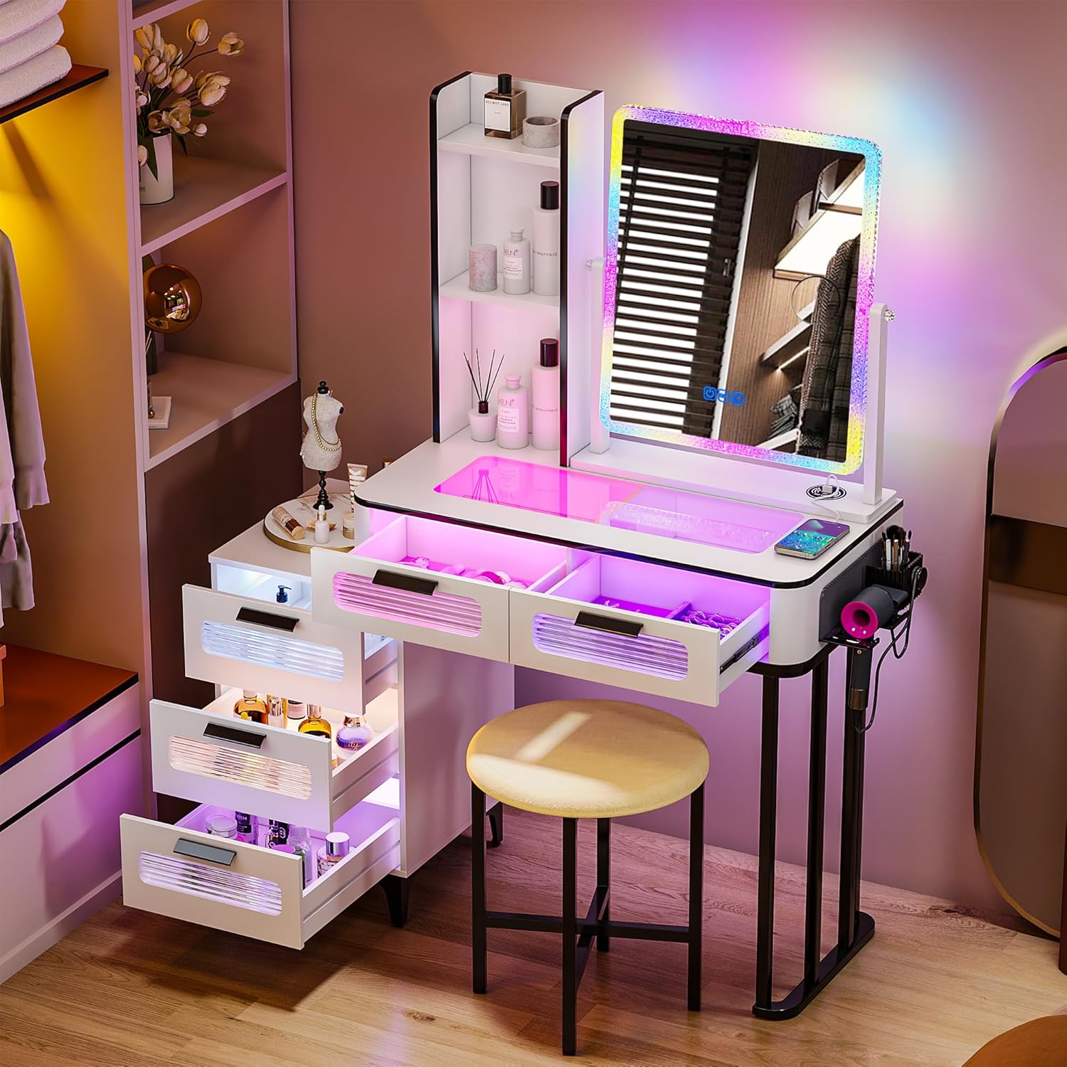 Desk Setup Charging Station - RGB Makeup Vanity Desk with Wireless