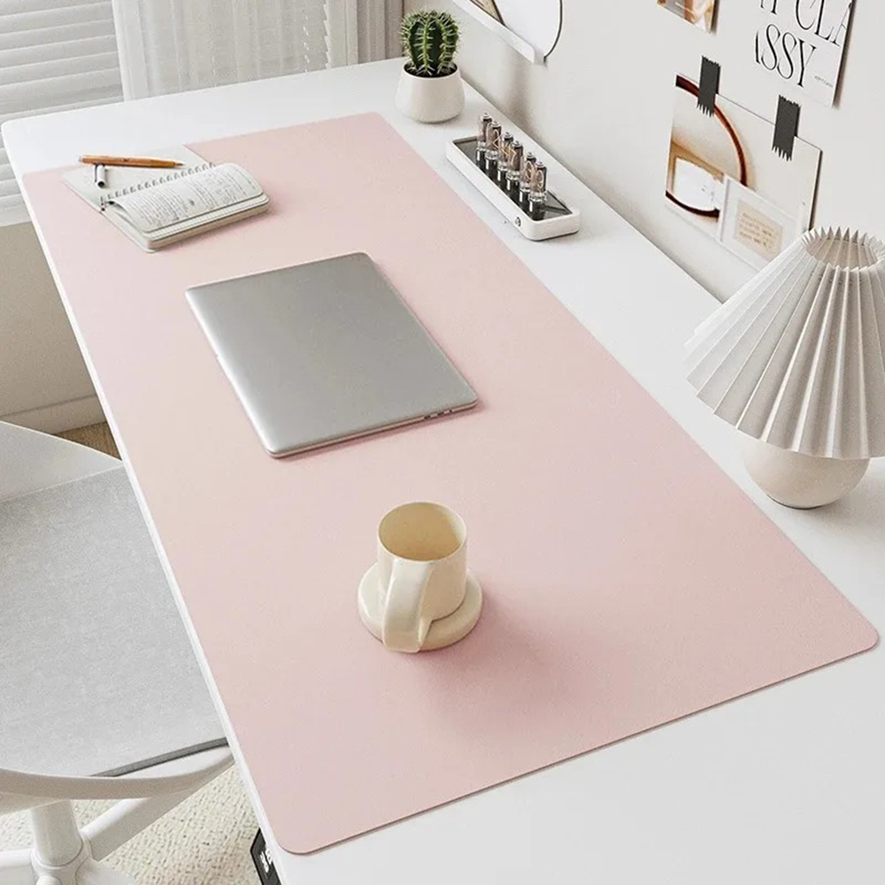 Desk Setup Pink - Pink Solid Color Leather Desk Pad