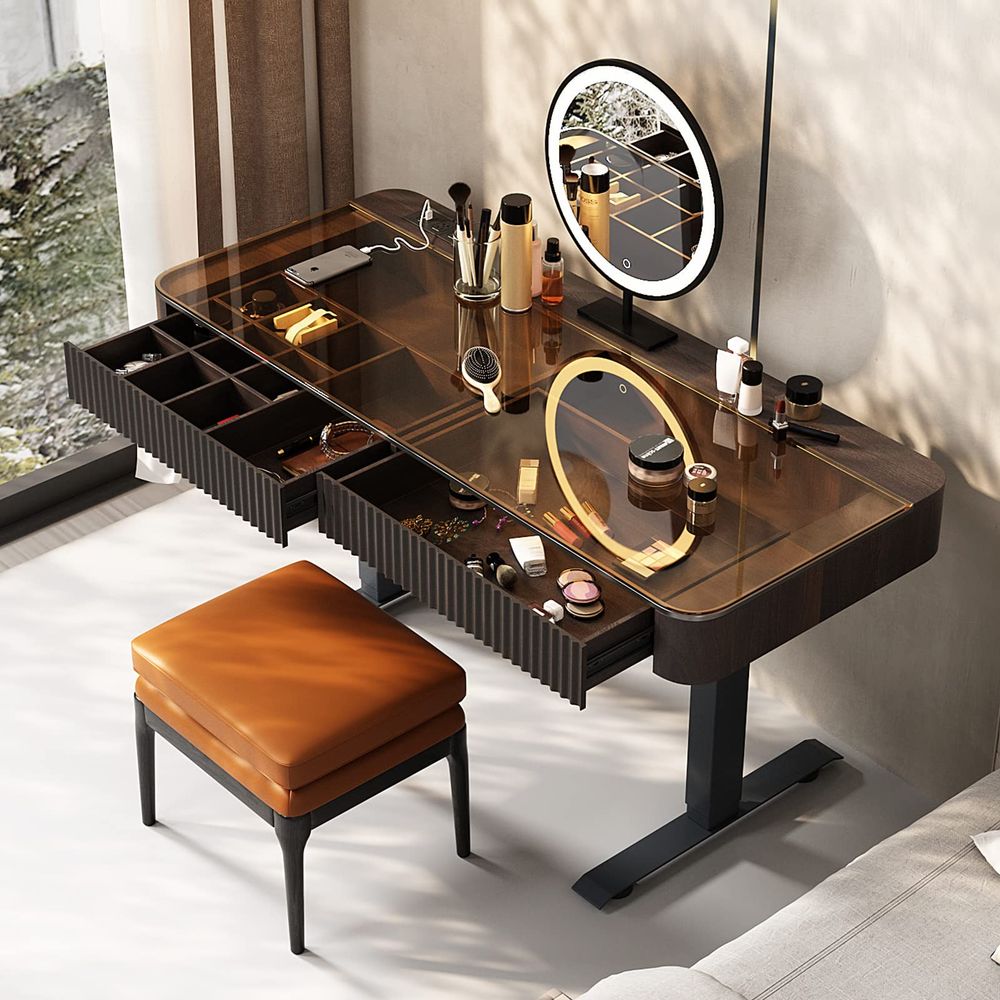 Vanity Table with Stool,Electr - огляд і ціна Desk Setup Brown