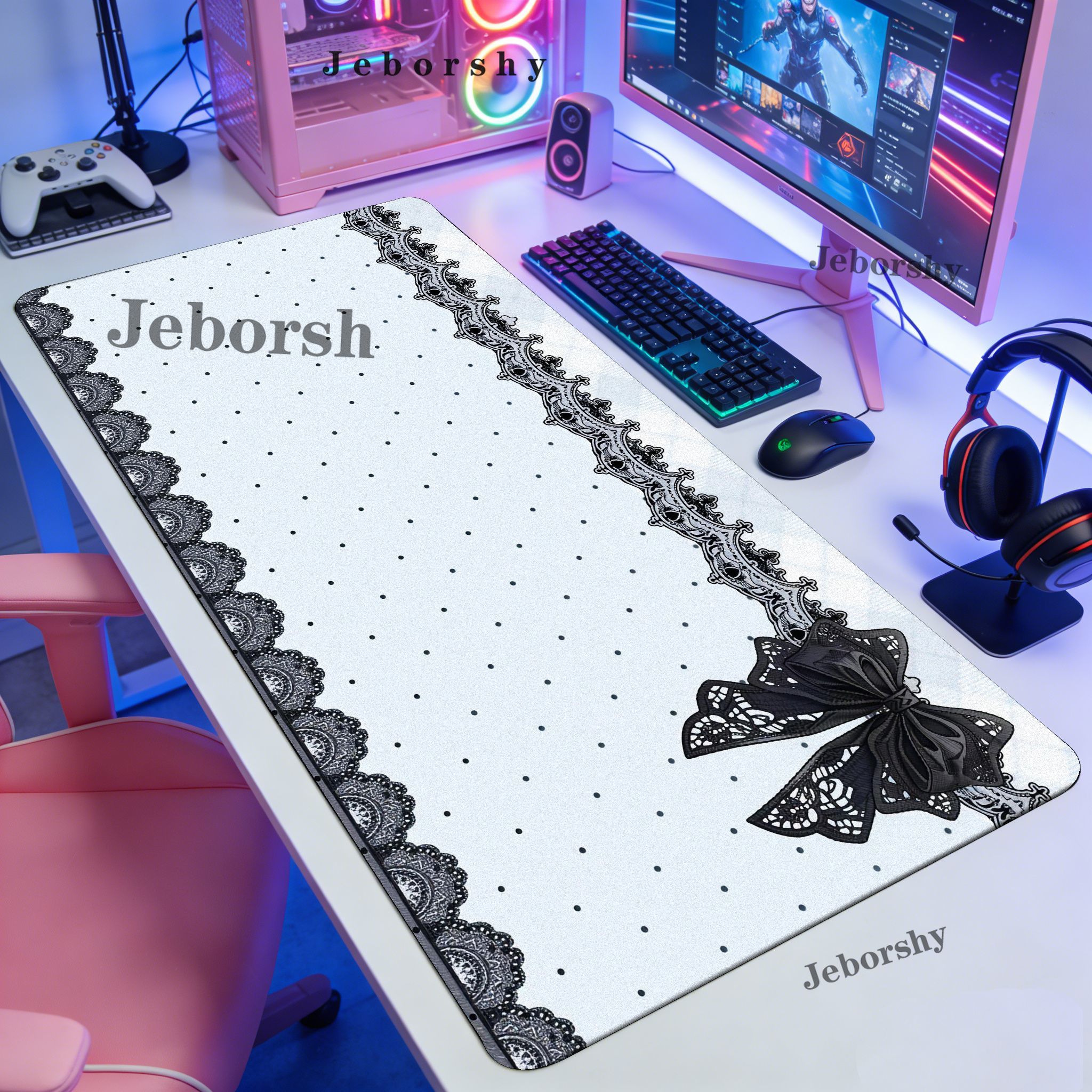 Pink Black Polka Dot Lace Larg - огляд і ціна Desk Setup Pink