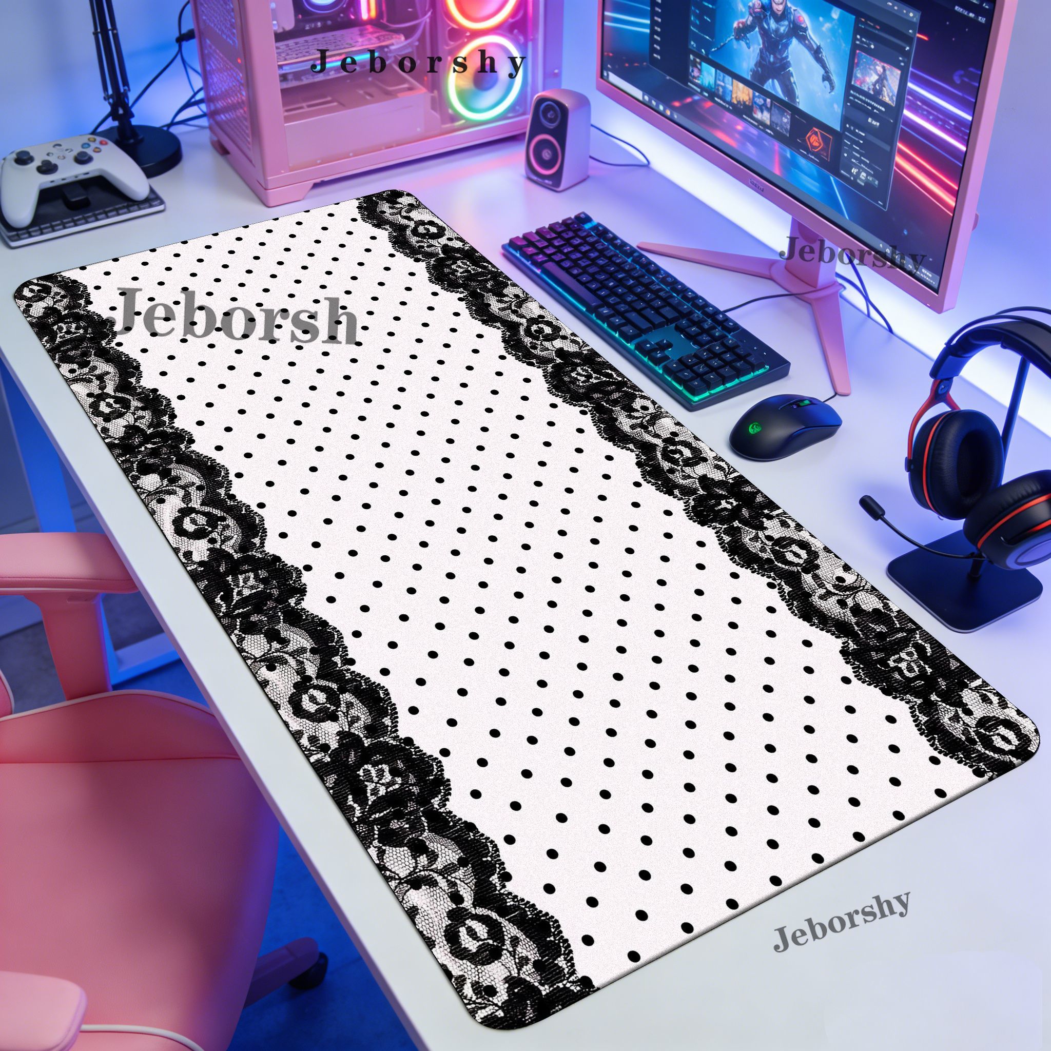 Pink Black Polka Dot Lace Larg - огляд і ціна Desk Setup Pink