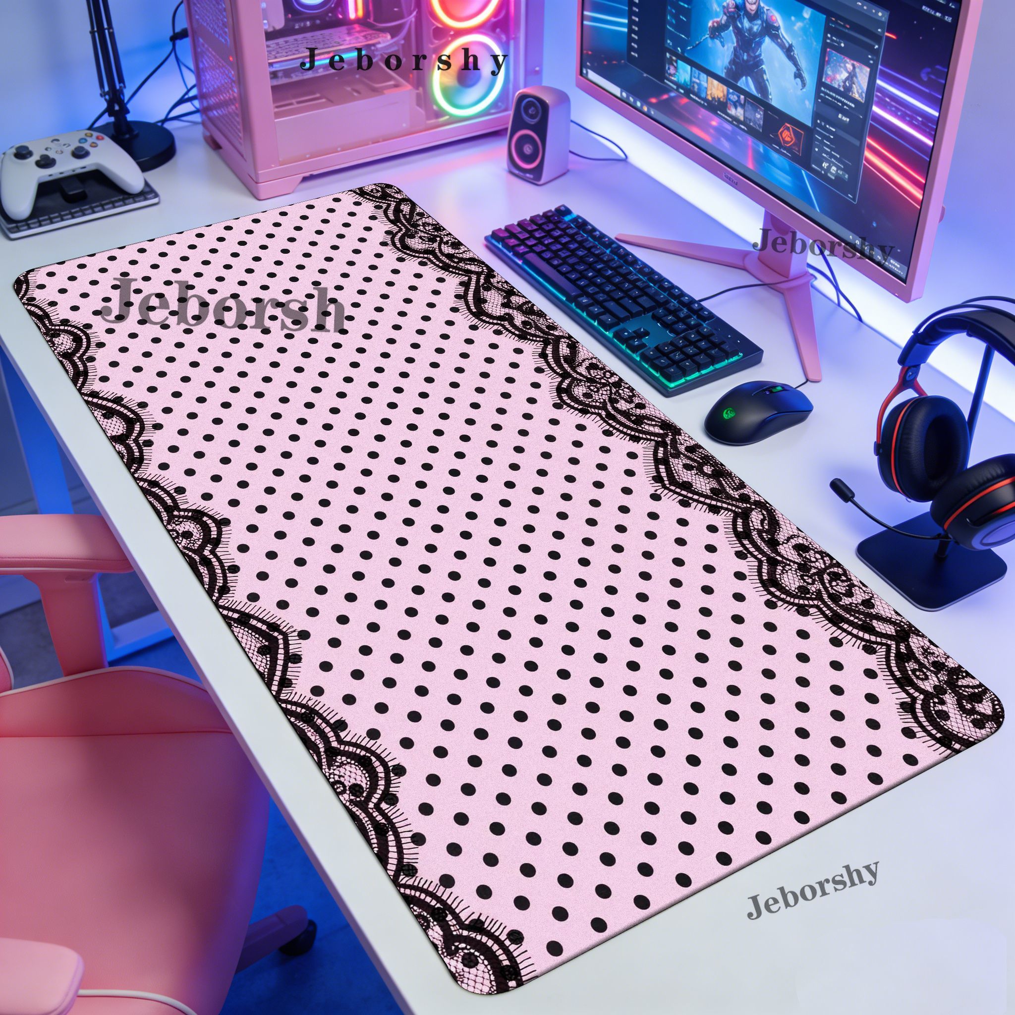 Pink Black Polka Dot Lace Larg - огляд і ціна Desk Setup Pink