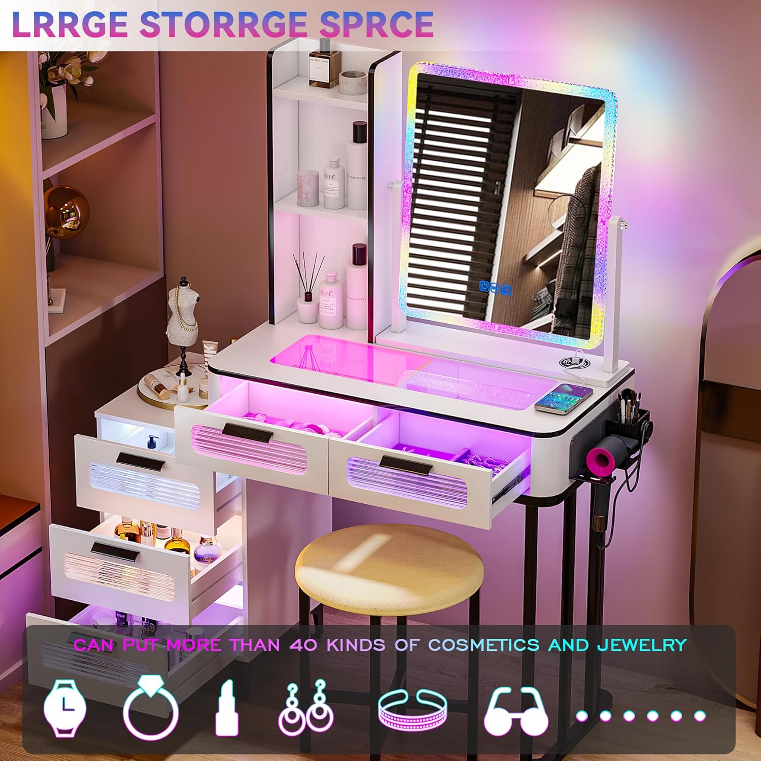 RGB Makeup Vanity Desk with Wi - огляд і ціна Desk Setup Charging Station